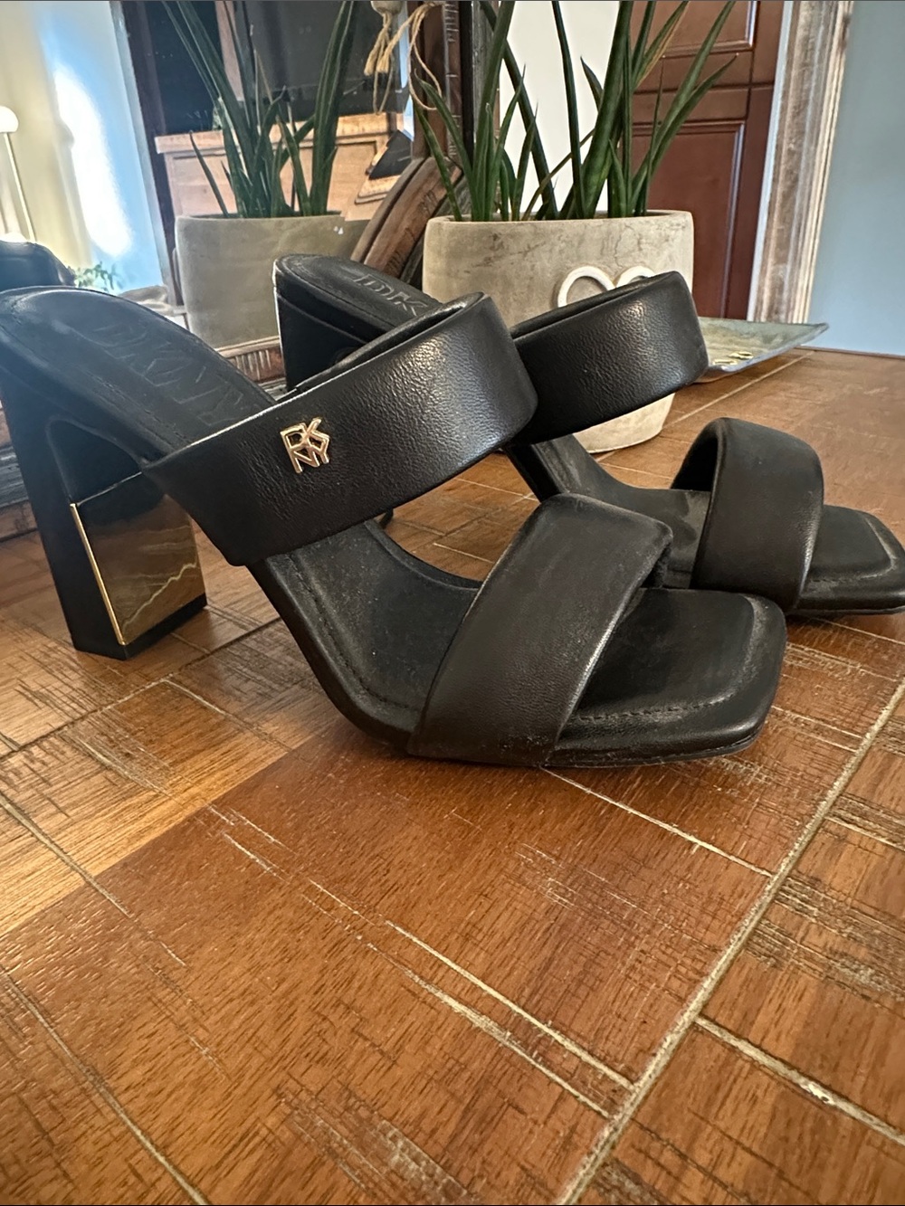 DKNY- Leather Black Double-Strap Block Heels-NWOT